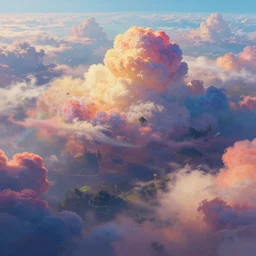 A highly detailed 4K fantasy matte painting of a large, beautiful, cloud landscape. vibrant multicolor. Craig Mullins, ArtStation, CGSociety, Unreal Engine