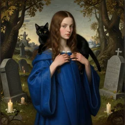 elegant concept art illustration of a young beautiful wizard with long brown hair and a black cat over her shoulders. blue robes. sharp focus. by greg rutkowski and alphonse mucha and fantasy art, surrounded by graveyards and candles. renaissance master piece