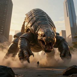 colossal tardigrade, new york attack, golden hour, cinematic, action shot
