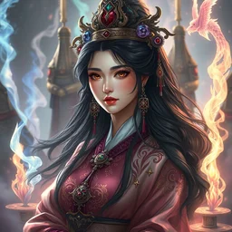 an concept art of the korean queen surrounded by magic guards, long hair, makeup, intricate details, detailed face, detailed dress, one face, artstation, epic pose, colourful light, by kentaro miura and vasnetsov