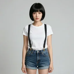 a woman with black hair and long pixie haircut in shorts with suspenders and white t-shirt drawn by Jean-Léon Gérôme, norman rockwell, frank frazetta, alphonso azpiri, maler collier, peter paul rubens, alphonse mucha, gustav klimt 4k, unreal 5, DAZ, french noveau, trending on artstation, octane render, hyperrealistic