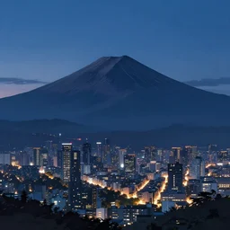 sumeru mountain, landscape, aesthetic, midnight, modern city, anime artstyle, trending on artstation