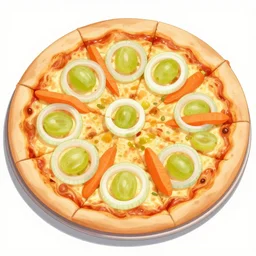 a pizza topped with onion rings, motor oil, grapes, and carrots