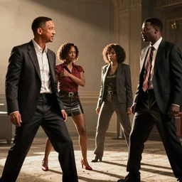 the matrix fight scene with will smith as neo, jada pinkett smith as trinity, and chris rock as agent smith