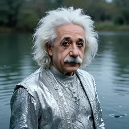 albert einstein dressed in intricate silver clothing surrounded by water particles above a serene pond, beautiful face, fantasy concept art by j. dickenson