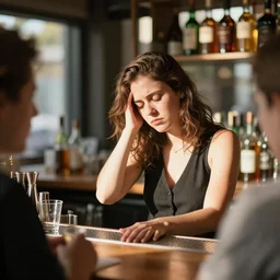 a tired and over-heated young female bartender with brown hair serving people alcohol under the hot sun, photograph, 4k