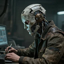 a rugged engineer man with cybernetic enhancements doing research, detailed mask, scifi character portrait by greg rutkowski, esuthio, craig mullins, 1 / 4 headshot, cinematic lighting, dystopian scifi gear, gloomy, profile picture, mechanical, half robot, implants, steampunk
