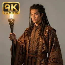 an anthropomorphic beautiful male wizard portrait holding torch wearing batik robe, dreadlock breed hair, fine art, award winning, intricate, elegant, sharp focus, octane render, hyperrealistic, cinematic lighting, highly detailed, digital painting, 8 k concept art, art by jamie hewlett and z. w. gu, masterpiece, trending on artstation, 8 k