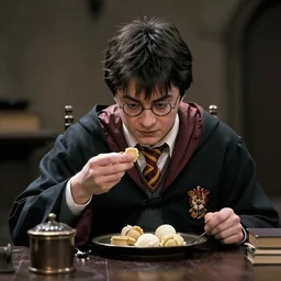 Harry potter film, a scene where Harry is eating only alone in a dark diner, Dark cinematic color tones.