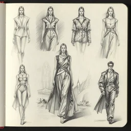 many sketches of fashion designs, on a notebook page, pencil, by Peter Mohrbacher technical drawing