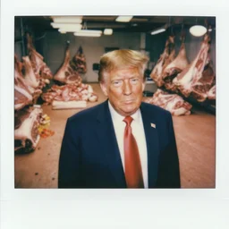 close up of donald trump standing close to camera, room made of full of raw meat gummibears, butchery floor, cinematic focus, polaroid photo, vintage, neutral dull colors, soft lights, dramatic, by oleg oprisco, by thomas peschak, by discovery channel, by victor enrich, by gregory crewdson