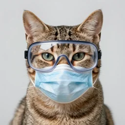 a tabby cat wearing a medical mask and goggles