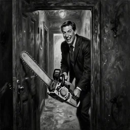 Ted Cruz with a wide grin wielding a chainsaw peaking through a door in the distance at the end of a narrow corridor, black and white, creepy lighting, scary, horror, ornate, eerie, fear, oil painting