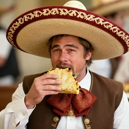 brad pitt eating tacos, wearing sombrero, 8 k, trending