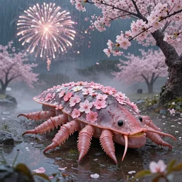 a beautiful tardigrade!!! floral sakura japanese tardigrade!!! at a fireworks sakura tardigrade!!! festival. rainy, dreamlike art, mist, realistic shaded, fine details, 4 k realistic, cryengine, realistic shaded lighting poster by greg rutkowski, magali villeneuve, artgerm, jeremy lipkin and michael garmash and rob rey