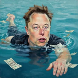 painting of Elon Musk swimming in money