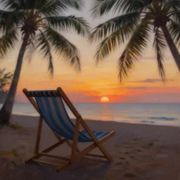 painting of a beach chair at sunset with tropical palm trees, natural light, concept art, by greg rutkowski, cozy atmospheric and cinematic lighting