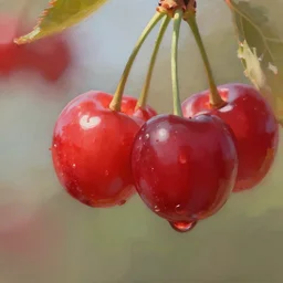beautiful aesthetic inspirational digital painting of a close - up cherry, by greg rutkowski, trending on artstation, volumetric light.