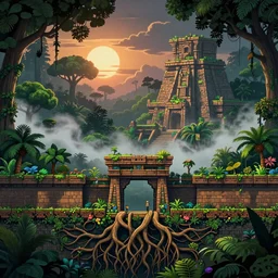 entrance to the mayan jungle forest realm of biodiversity , side-scrolling 2d platformer game level, swirling clouds of magical mist in the trees, fantasy vegetation, majestic ancient temple pillar ruins, dramatic dusk sun illuminates areas, volumetric light , detailed entangled roots carpet the forest floor, rich color, upscale , 8k