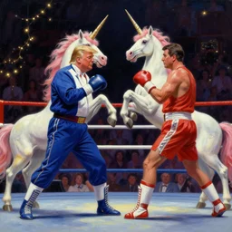 fantasy painting of donald trump and ronald reagan in a boxing match, unicorns, fairy lights,