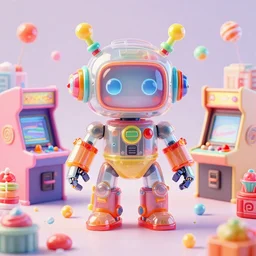 cute elaborate epic robot, candy colors, pinball machine parts, symmetrical, in a city made of arcade machines and buildings made of candy, octane render, 3 d model, translucent, clear parts, detailed by pokedstudio