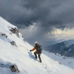 a climber climbs a snowy mountain in a storm, close view, painting by craig mullins, octane rendering, soft morning lighting, wide angle lens, in the style of hayao miyazaki, trending on artstation,