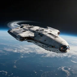 A film screenshot of a futuristic alien spaceship orbiting above the world, dramatic lighting, highly detailed render, directed by Denis Villeneuve and Christopher Nolan.