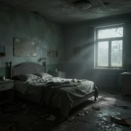 an abandoned hospital room, gloomy and foggy atmosphere, octane render, artstation trending, horror scene, highly detailded