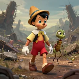 a young anime Pinocchio and mutated jiminy cricket walk through an apocolyptic wasteland , made by Stanley Artgerm Lau, WLOP, Rossdraws, ArtStation, CGSociety, concept art, cgsociety, octane render, trending on artstation, artstationHD, artstationHQ, unreal engine, 4k, 8k,