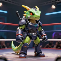 “a kobold lizard boxer in a small mech suit, cyberpunk boxing ring”
