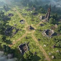 aerial view of the destroyed battlefield, fantasy setting, artstation, digital art