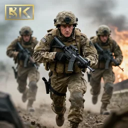 Portrait of a modern British army squad in full gear sprinting sprinting through enemy territory, cinematic lighting, front lighting, 4k, award-winning, by Greg Rutkowski, combat, intense, motion blur, bokeh DOF