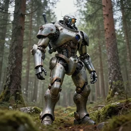 steampunk mech standing in a swedish forest, very low angle photograph, very detailed, trending on artstation, realistic, soft colors, simon stålenhag
