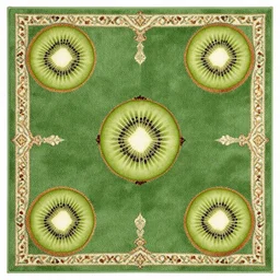 5 0 mm photorealistic octane render of green persian rug texture with huge kiwi fruits ornaments, top view, symmetrical, beautiful, square, trending on artstation