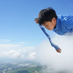 a boy flying through clouds looking down at the ground