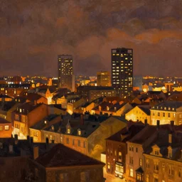 a beautiful painting by jeremy mann of a city by night, warm colors