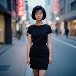 A Japanese woman on a street at night, 1966, miniskirt, 35mm photography, red neon lights