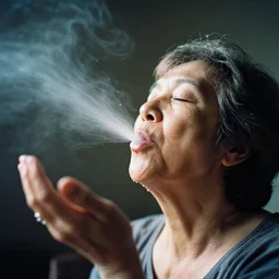 analog photographic portrait with 5 0 mm lens and f / 1 2. 0 of a 8 5 years old woman woman with her eyes closed and spurting from her mouth a white viscous fluid floating in the air. with a slight variation of light in the liquid and gesture.