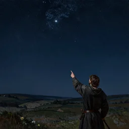 a man pointing to the northern star in the sky, over - the - shoulder shot, night time, middle ages, wide angle, oil painting