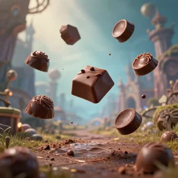 chocolates flying around in a fantasy world