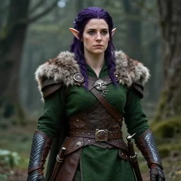 anya charlota as a medieval fantasy wood elf, dark purplish hair tucked behind ears, wearing a green tunic with a fur lined collar and brown leather armor, stocky, muscular build, scar across nose, one black, scaled arm, cinematic, character art, digital art, forest background, realistic. 4 k