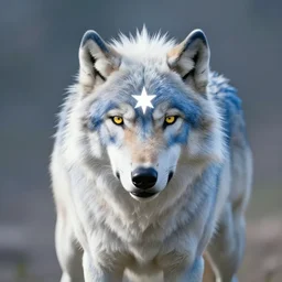 a giant blue wolf with a white main and two straight horns on its head, a white star shape on his forehead, yellow eyes, beautiful, ultra realistic, great wolf, unreal engine 5, dynamic lighting, highly detailed, lightning around 9