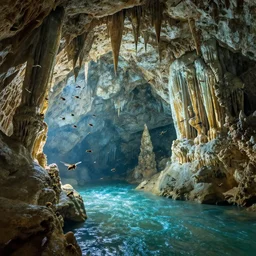 beautiful huge cave with swarms of flies, insects, wasps, bats, insects, swarms, clouds, stalactites, stalagmites, underwater glittering river, volumetric light, by greg rutkowski