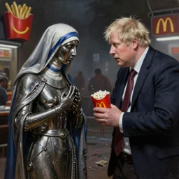 ultra realist and ultra intricate detailed soft painting of a metal Mother theresea fighting Boris johnson in an apocalyptic McDonald’s, sensual gloomy style, volumetric lighting, artstation, unreal render, depth of field