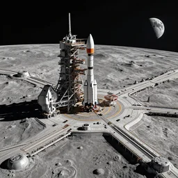 massive futuristic spaceport on moon, moon cityscape, rocket launchpad, extreme detail, high definition