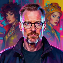 portrait of walter white, by etam cru, cyberpunk color, colorfull rimlight, by alphonse mucha and josan gonzales, by surudenise, beautiful, epic camera, colorful background, refraction and reflexion, digital painting, dynamic colors, artstation, graffiti, neon