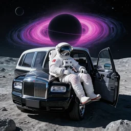 an astronaut sitting inside of a luxury taxi cab on the moon, in water, black hole to a vaporwave dimension in background, 4 k, transcendent, trending on artstation, photorealistic, award winning, hyper realistic, rule of thirds, dramatic, volumetric lighting, octane render