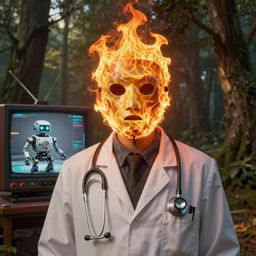 An album cover, (fire), mask, stethoscope!, (doctor), 3d render, robot!, TV!, (unreal engine), (rust), photograph, portrait, painting, (((trees)))