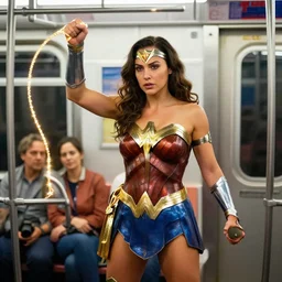 gal gadot as wonder woman demonstrates using her glowing lasso of truth while riding a subway train, photorealistic, cinematic, color