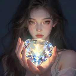 A hand holding a giant luminous gem, girl portrait, digital art,ultra realistic,ultra detailed,art by greg rutkowski